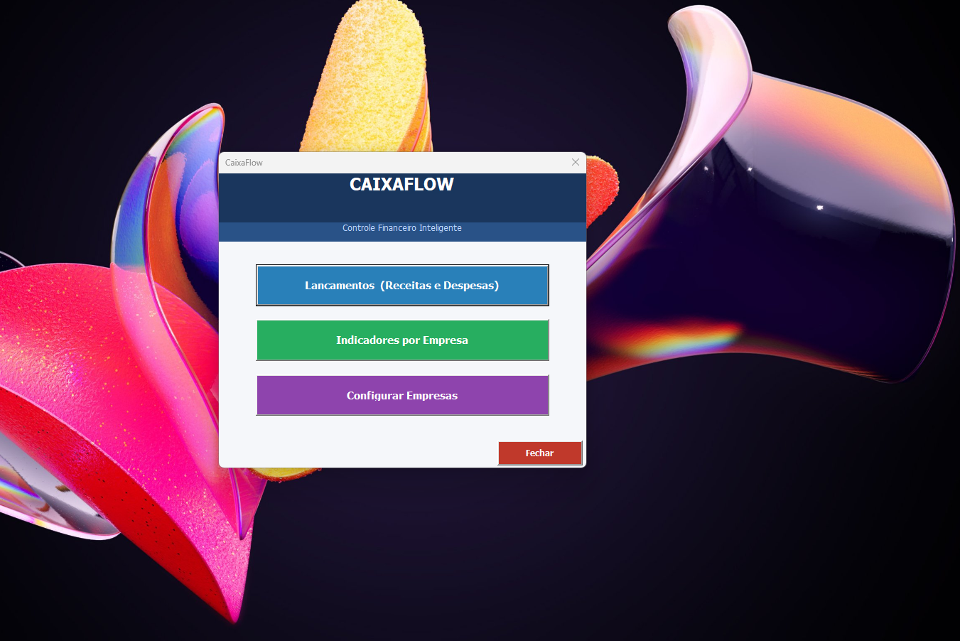 Menu principal do CaixaFlow — sistema financeiro no Excel com formulários visuais